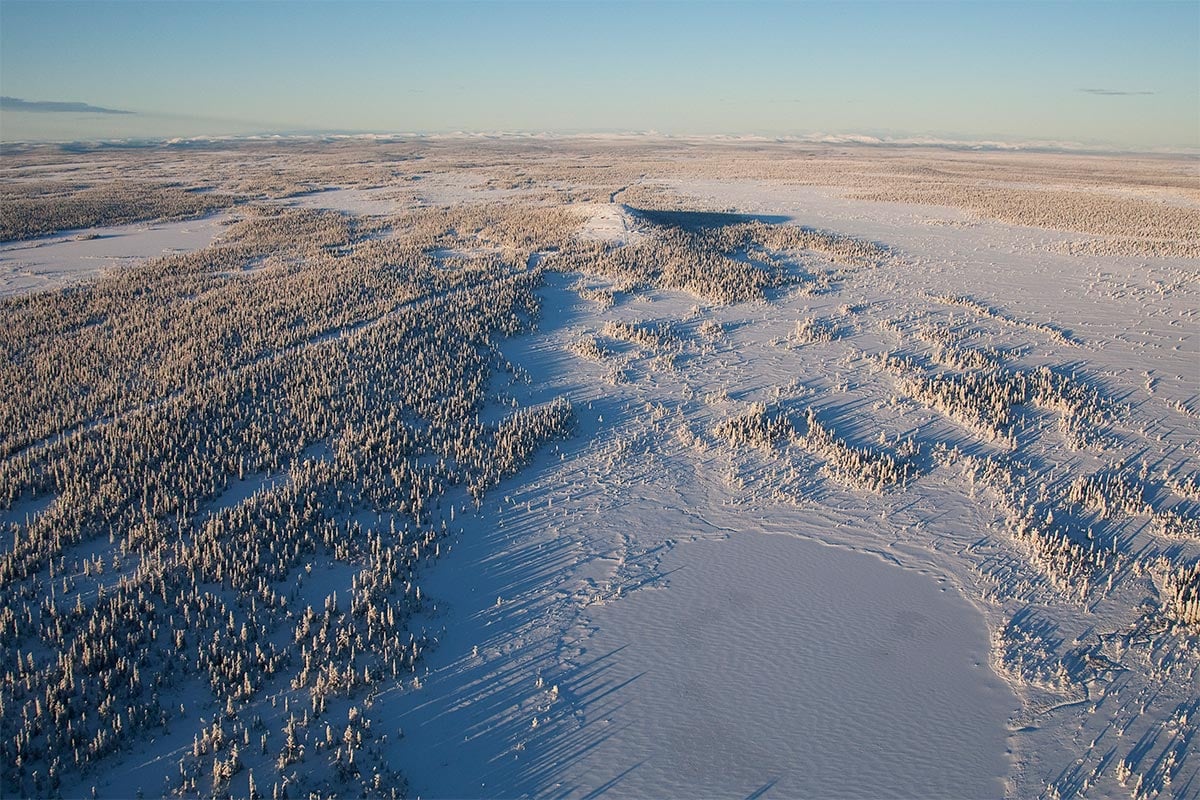 Aerial photo of Point Tango at Vidsel Test Range in wintertime