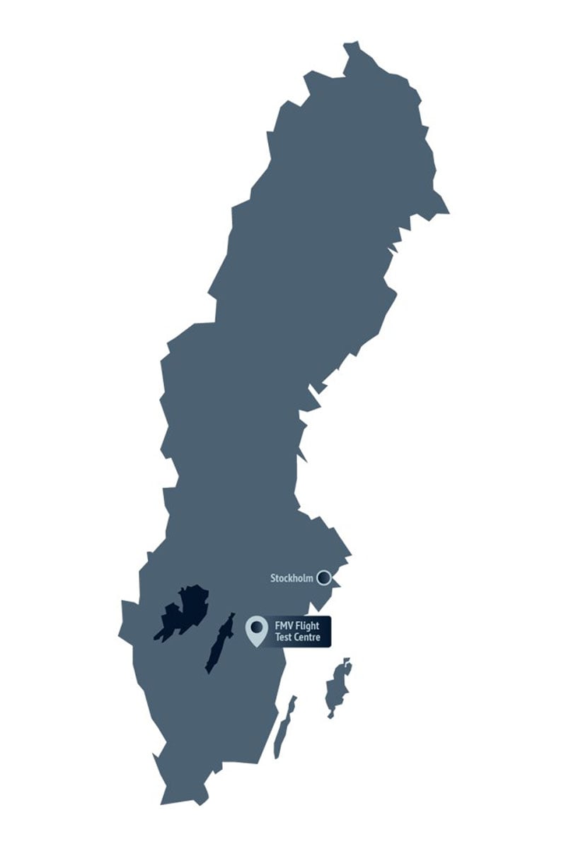Map of Sweden showing where FMV Flight Test Centre is located