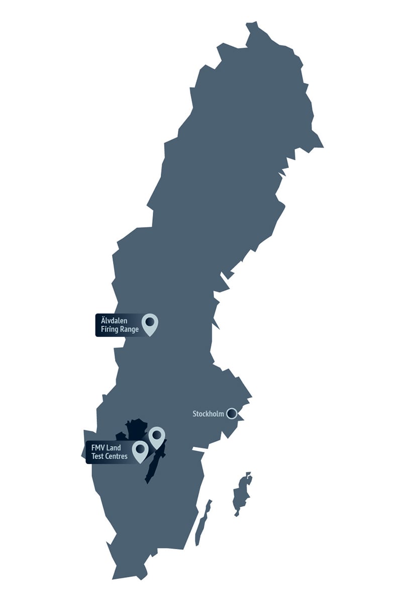 Map of Sweden showing where FMV Land Test Centres in Karlsborg and Skövde, as well as Älvdalen Firing Range, are located