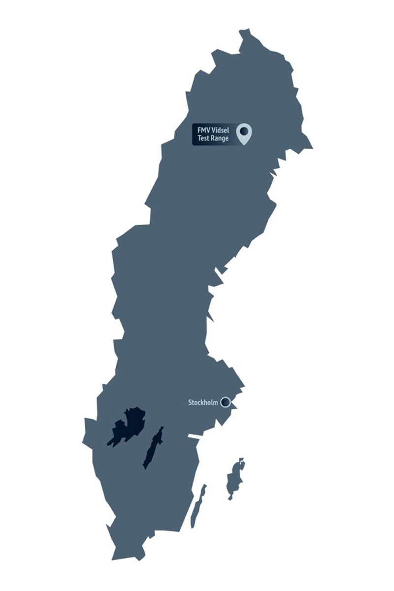 Map of Sweden showing where FMV Vidsel Test Range is located